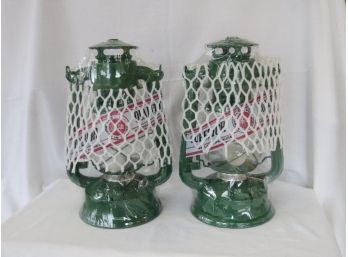 Pair Of Luo Hua Green Metal Paraffin Hurricane Lanterns With Glass Globes-never Opened