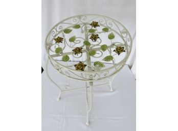 White Metal Floral Accent Table With Glass Top -New In The Box!