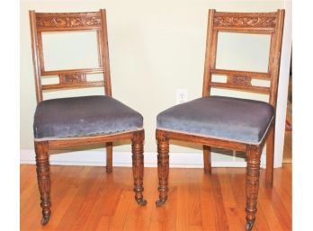 Fabulous Pair Of Late 1800s Antique Urquhart & Adamson Upholstered Carved Oak Chairs