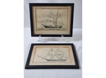 Two Antique Framed & Matted Maritime Art - Tall Ships Pencil Drawings Signed Corwin