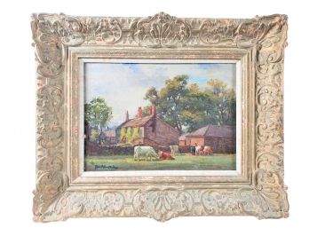 Antique  George Hamilton Constantine  (1878-1967) Oil Painting -English Farm Cottage & Cows In Field