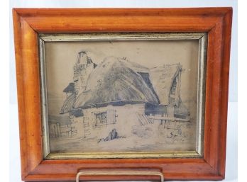 Antique Pencil Drawing By Basil Holmes 1847 'Cottage At Slangollen' In Antique Frame