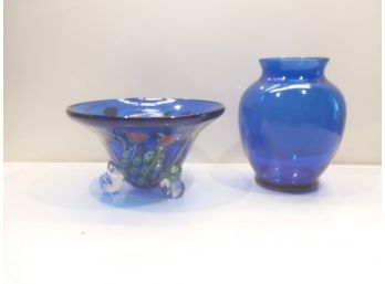 Vintage Murano-Style Millefiori Cobalt Blue Art Glass Bowl With Vase