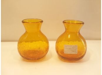 Pair Of  Vintage 1920s Amber Hand Blown Crackled Small Glass Vases