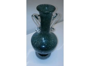 Vintage Murano Vase Forest Green With Applied Clear Handles & Controlled Dots