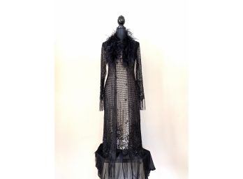 Sue Wong Size 6 Black Lace Overlay Dress With Chiffon Bottom- Feather And Fringe Lace Long Sleeve Jacket