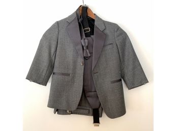 Boys Tuxedo With Size 13 Patent Leather Shoes - Single Breasted Gray Jacket With Matching Cummerbund & Bowtie