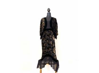 Black And Gold Velvet And Chiffon Dress With Jacket