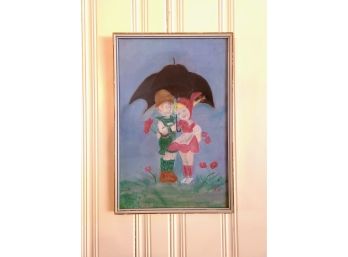 Vintage Watercolor Pencil Boy And Girl Under Umbrella By Gina- 1974