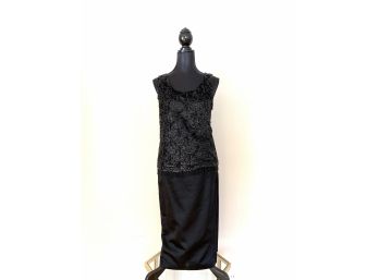 Vintage Nat Allen -black Sequined And Beaded Fringe Top With Black Satin Pencil Skirt - Size M