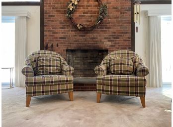 Pair - Ethan Allen -plaid Upholstered Armchairs With Matching Pillows