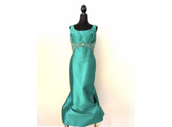 Custom Dress - Turquoise Silk Dupioni With Beaded Waist And Tapered Pinched Back