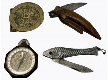 Antique Fish Shape Pocket Knives, Boy Scout Compass And Brass Belt Buckle
