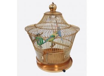 Vintage Brass Tone Bird Cage With Two Lovely Plastic Birds, Feeder And Swing