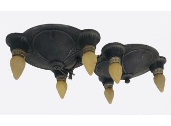 Pair Of Air Deco Ceiling Light Fixtures, Cast Metal With A Bronzy Finish