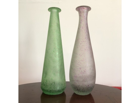 Pair Of Speckled Glass Vases Green And Pink