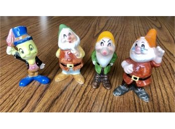 Vintage Set Of 4 Porcelain Disney Figurines, 7 Dwarves, Jiminy Cricket
