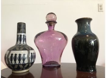 Set Of 3 Ceramic And Glass Vases