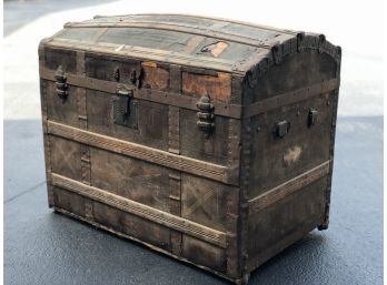 Antique Wood, Leather And Metal Shipping Trunk