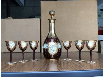 Gorgeous Murano Glass Hand Painted Decanter And Glasses