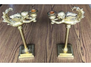 Pair Of Large Wooden Angel Candlesticks