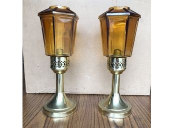 Vintage Pair Of Metal And Glass Mason Candle Lights