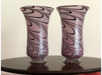 Pair Of Pink And Red Swirl Glass Flower Vases