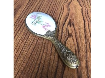 Antique Metal And Floral Hand Mirror