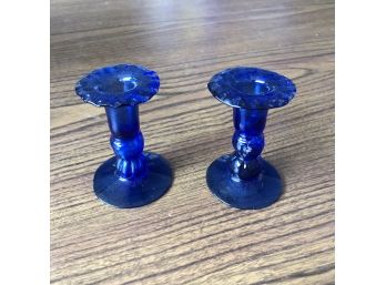 Pair Of Vintage Cobalt Blue Glass Candlesticks