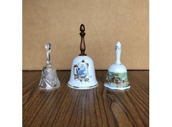 Set Of 3 Vintage Glass And Porcelain Bells Including Norman Rockwell