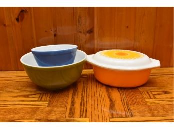 Vintage Pyrex Orange Casserole With Sunflower Lid And More