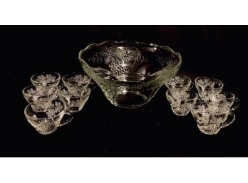 Vintage Clear Glass Punch Bowl With 10 Cups