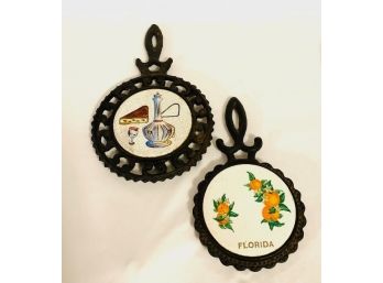 Pair Of Vintage Iron And Ceramic Hot Plate  Wall Decor