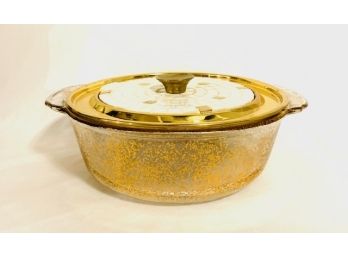 Vintage MCM Fire King Gold Speckled 2 Qt Casserole With Mosaic Lid