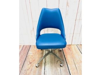 Vintage Mid Century Blue Vinyl Swivel Chair With Casters