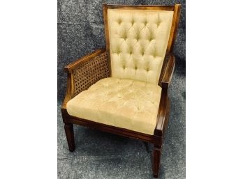 Vintage Mid Century Cane Sided Arm Chair With Tufted Upholstery