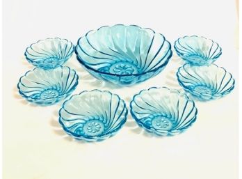 Hazel Atlas Capri Blue Swirl Bowl 7 Piece Serving Set