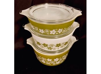 Vintage MCM Pyrex Green Daisy Casserole Dishes With Lids