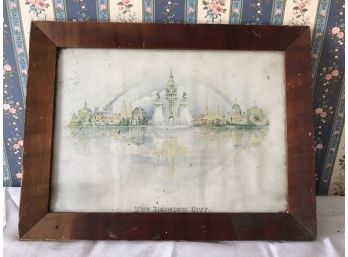 Antique Framed Lithograph Showing A City & A Rainbow Reflected In Water That Reads Pan America Buffalo 1901