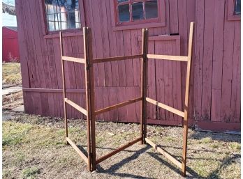 Antique Wood Tri Panel Room Divider Screen Frame Featuring Leather Hinges