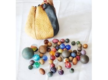 Fantastic Grouping Of Antique & Vintage Glass, Clay Marbles & Drawstring Leather Marble Bag & More