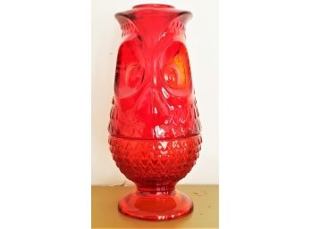 Adorable Vintage MCM Red Glass Two Piece Owl Candle Holder