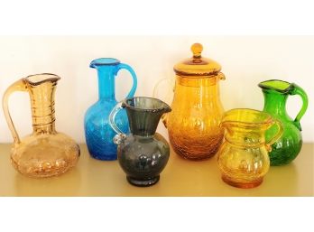 Vintage Colorful Assortment Of Crackle Glass Pitchers With Applied Handles