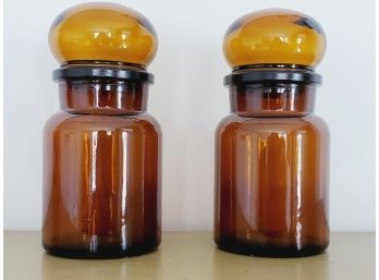 Two Vintage Mid Century Modern Amber Brown Glass Small Bottles - Made In Belgium