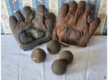 Antique Thos. E. Wilson & Co & Reach Leather Baseball Gloves And Baseballs