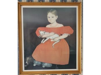 Vintage Professionally Framed Reproduction Primitive Folk Art Wall Decor - Girl With Cat & Dog