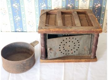 Antique Pierced Tin Box And Wood Framed Lantern - 1800s Farmhouse Attic Find!!