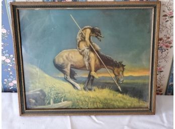 Antique Framed End Of The Trail Indian Warrior On Horse: Western Art Print - Colored Print