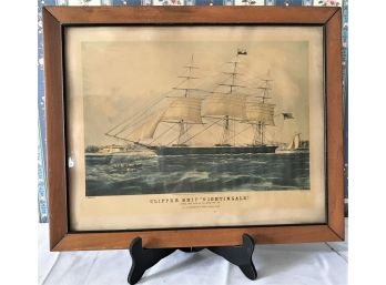 Antique Framed Lithograph Of The Clipper Ship Nightingale On The Water In Full Sail