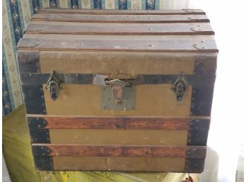 Antique Wood, Canvas & Leather Small Hump Back Steamer Trunk